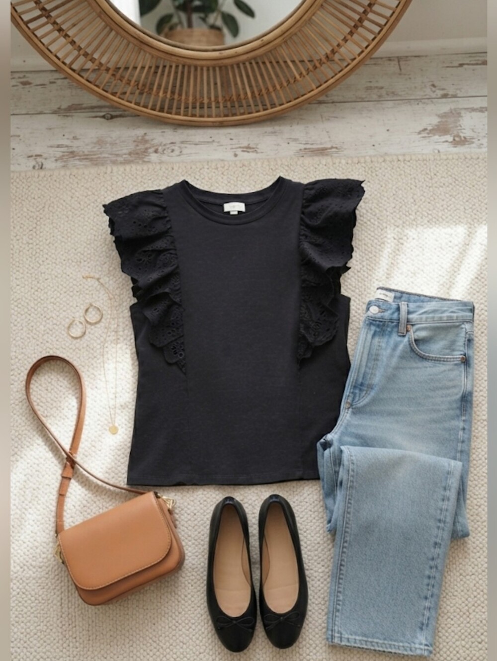 EUC J. Crew Chic Cotton Black Ruffle Eyelet Top, Size Small